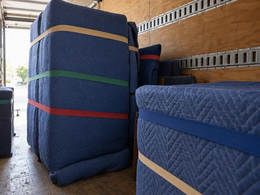 Furniture wrapped in moving blankets held with rubber mover bands