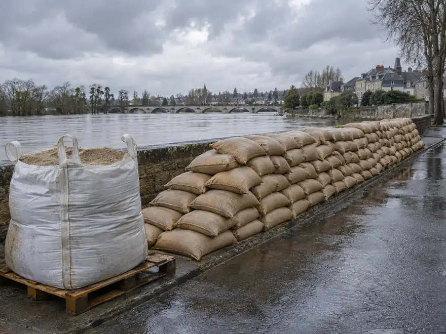 Stacked sandbags and a bulk bag along a street