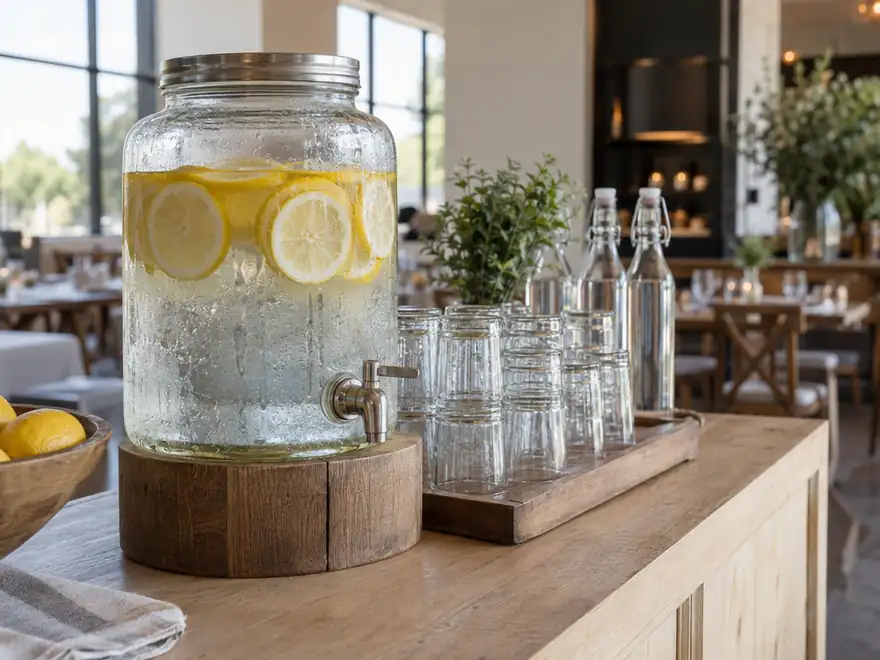 Glass beverage dispenser on a buffet counter