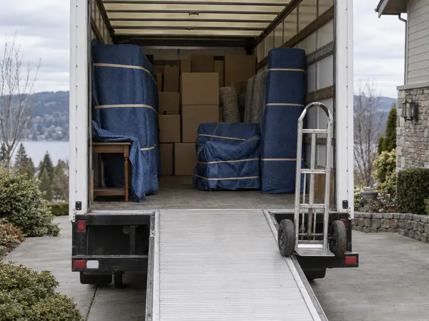 Moving truck loaded with wrapped furniture and boxes