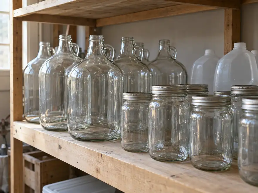 Clear glass jugs and jars on a warehouse shelf