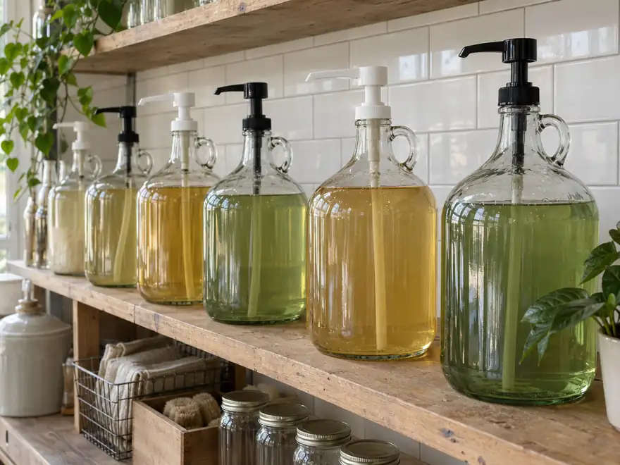 Glass jugs with pump tops on a refill shop shelf