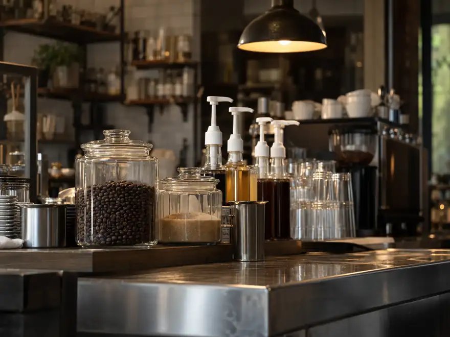 Cafe counter with glass jars and pump dispensers